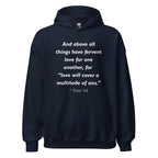 Unisex heather gray hoodie with 1 Peter 4:8 Bible verse printed in white text on front