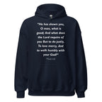 Unisex heather gray hoodie with Micah 6:8 Bible verse printed in white text on front