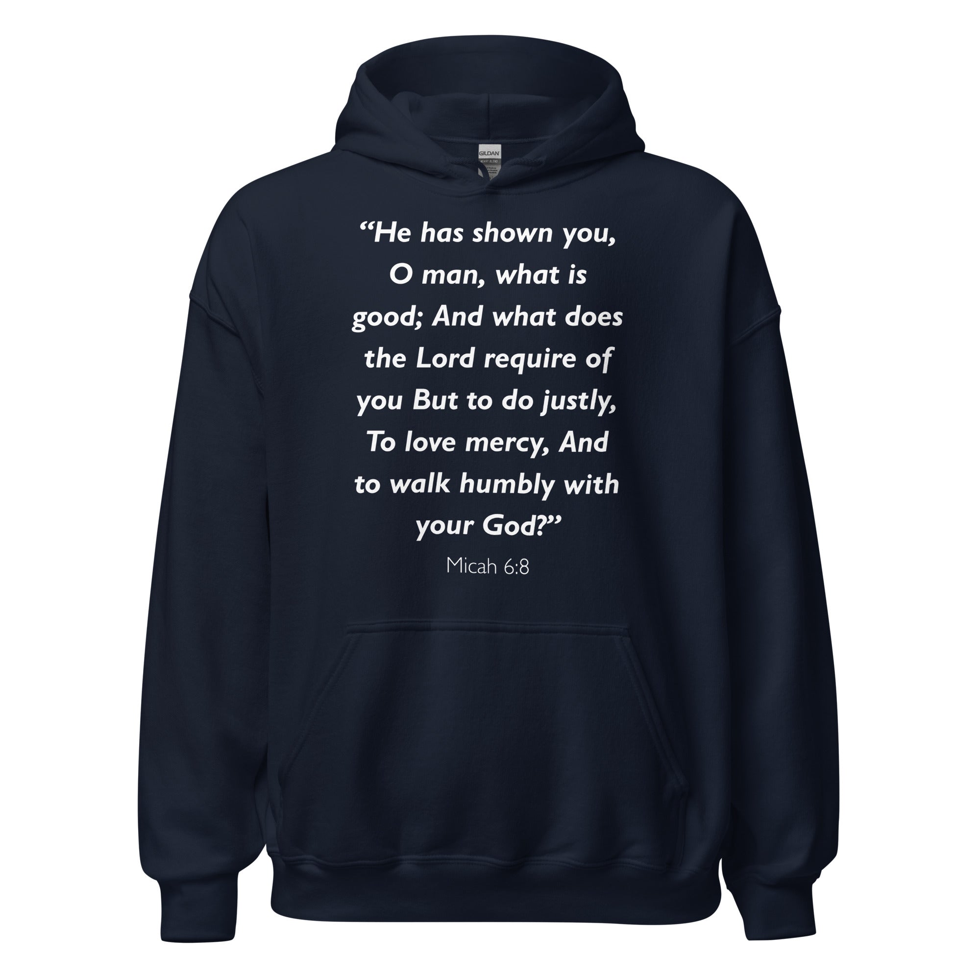 Unisex heather gray hoodie with Micah 6:8 Bible verse printed in white text on front