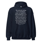 Unisex heather gray hoodie with Philippians 4:6-7 Bible verse printed in white text on front