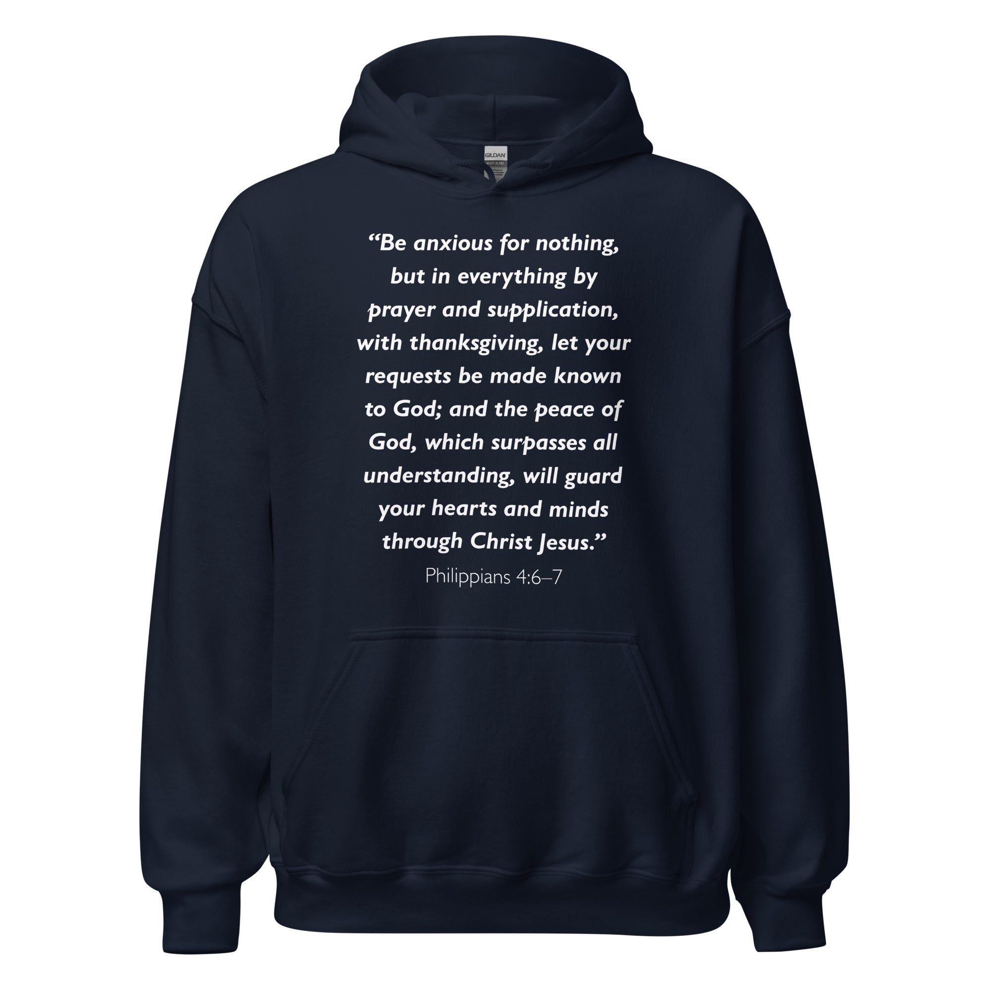 Unisex heather gray hoodie with Philippians 4:6-7 Bible verse printed in white text on front