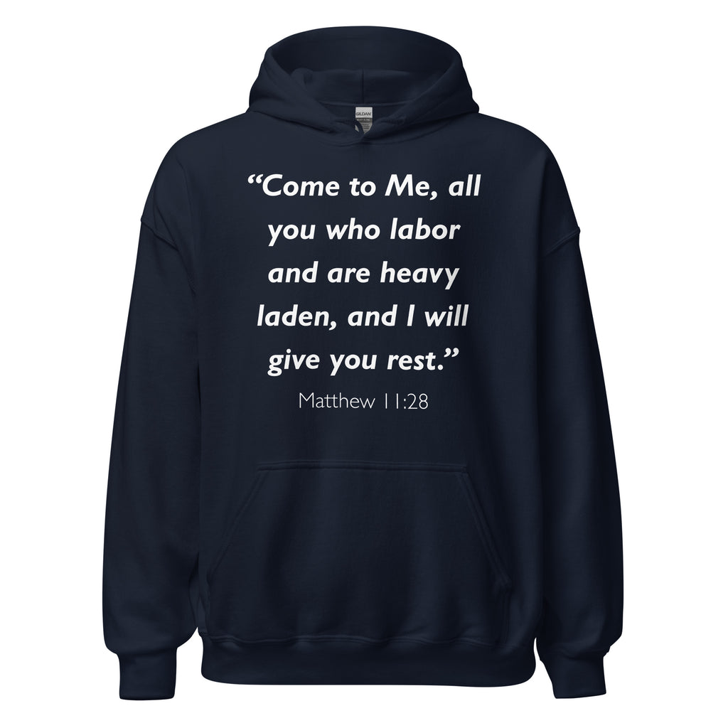 Unisex black hoodie with Matthew 11:28 Bible verse printed in white text on front