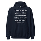 Unisex black hoodie with Matthew 11:28 Bible verse printed in white text on front