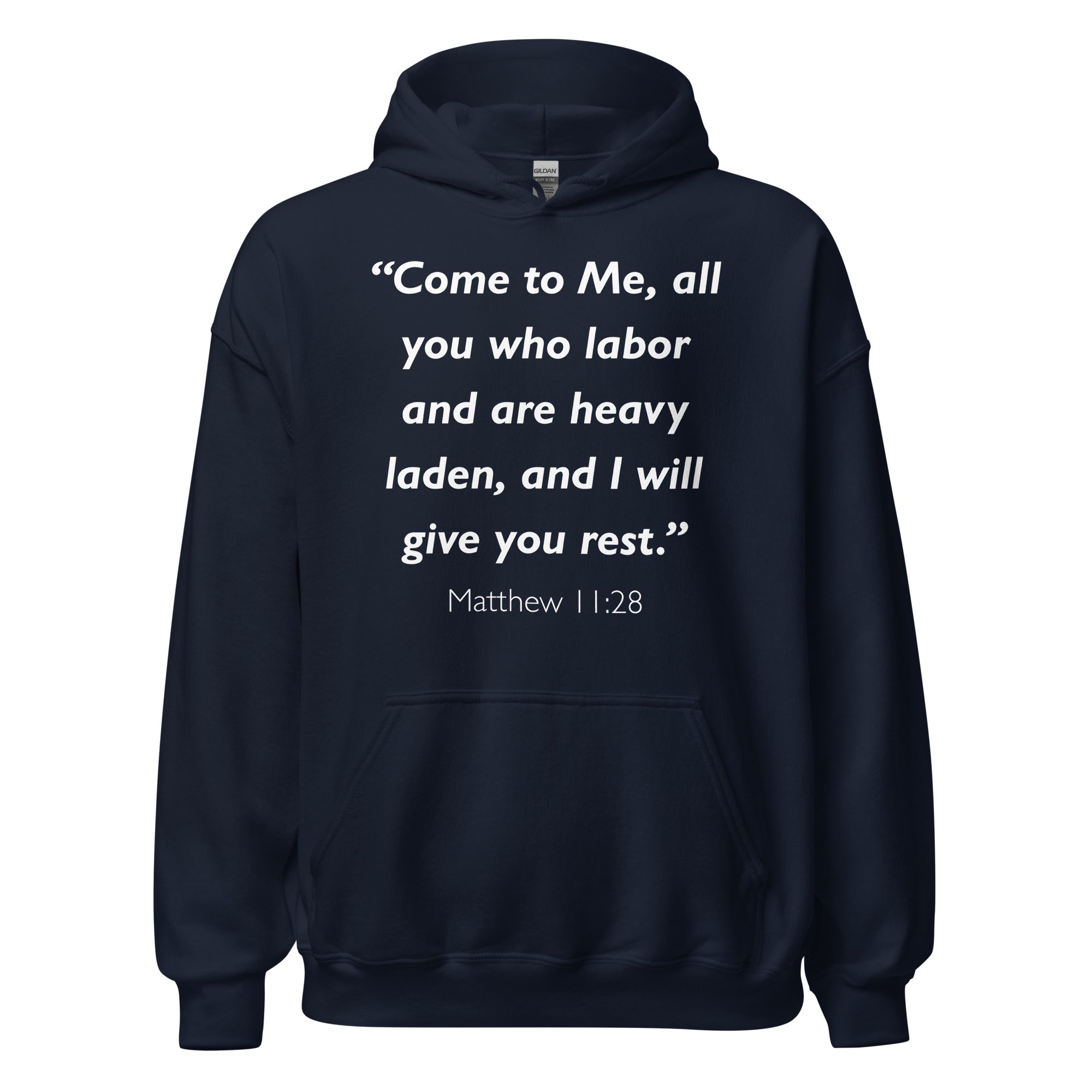 Unisex black hoodie with Matthew 11:28 Bible verse printed in white text on front
