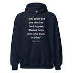 Unisex black hoodie with Psalm 34:8 Bible verse printed in white text on front