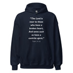 Unisex heather gray hoodie with Psalm 34:18 Bible verse printed in white text on front