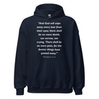 Unisex heather gray hoodie with Revelation 21:4 Bible verse printed in white text on front