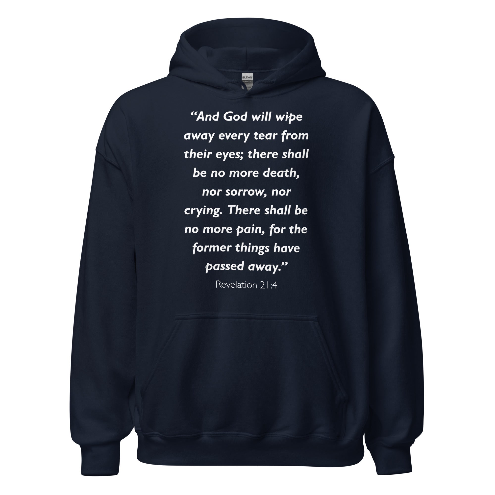 Unisex heather gray hoodie with Revelation 21:4 Bible verse printed in white text on front