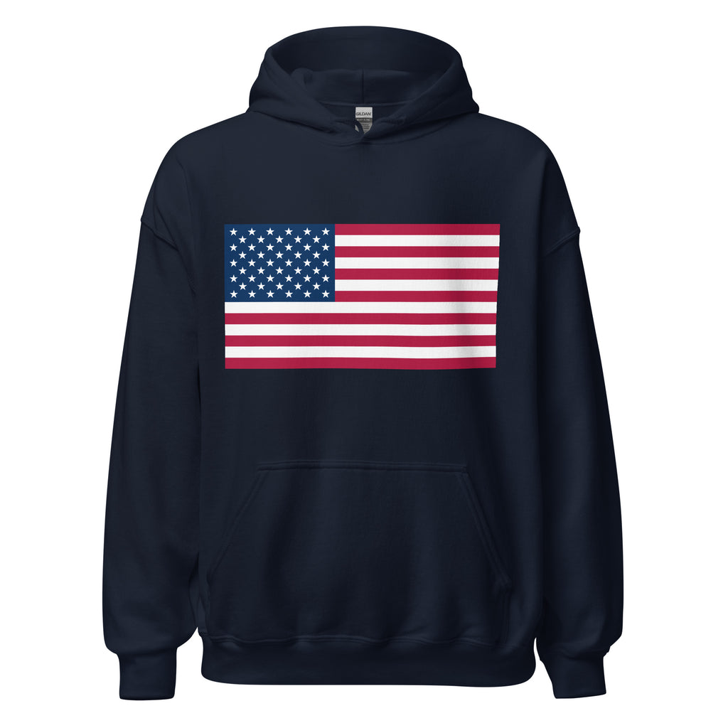 Unisex heather gray hoodie featuring American flag design printed across the front chest