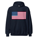 Unisex heather gray hoodie featuring American flag design printed across the front chest