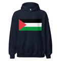 Unisex heather gray hoodie featuring Palestinian flag design printed across the front chest