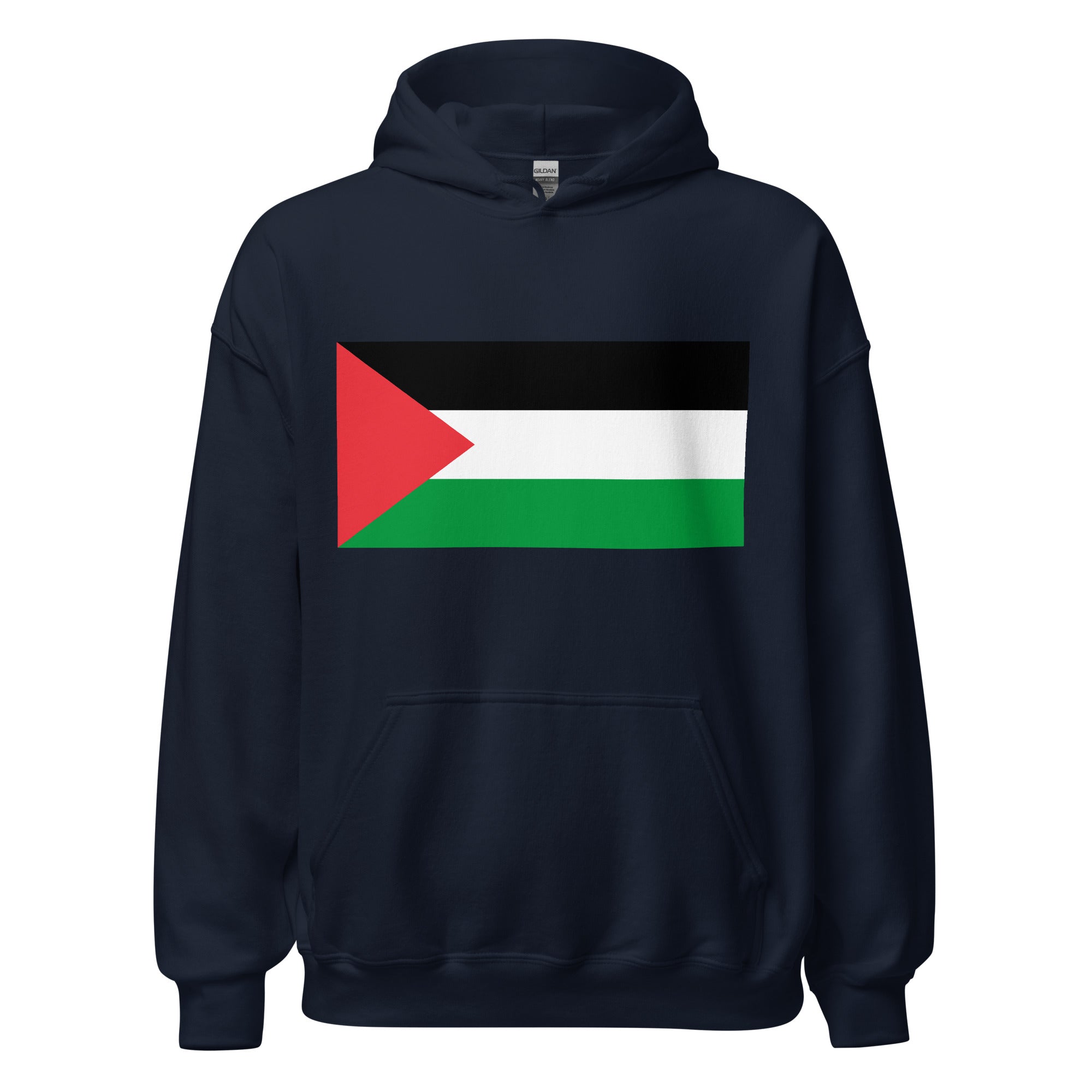 Unisex heather gray hoodie featuring Palestinian flag design printed across the front chest