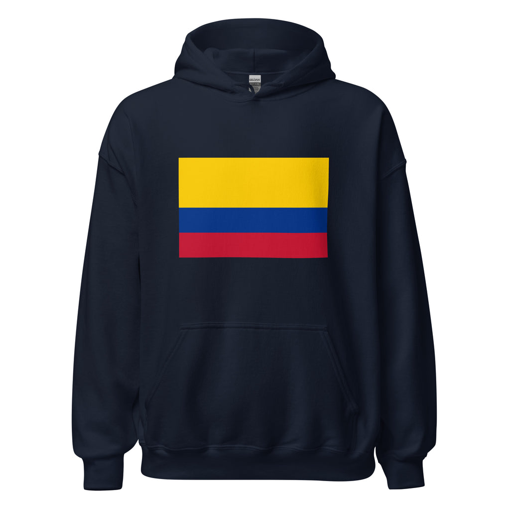 Unisex heather gray hoodie featuring Colombian flag design printed across the front chest