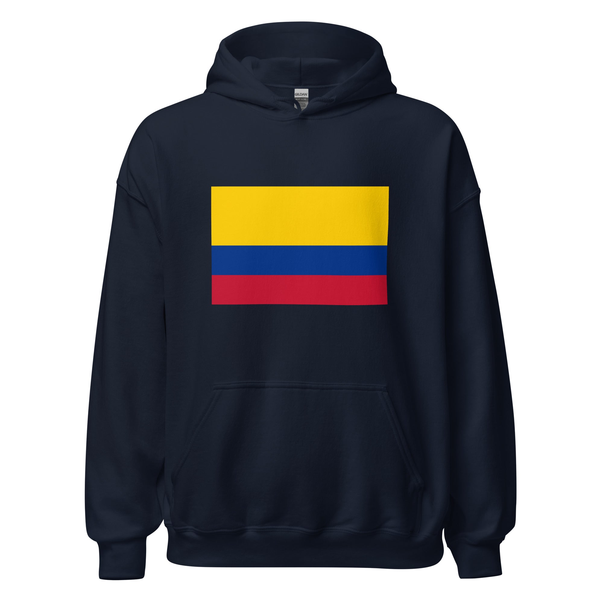 Unisex heather gray hoodie featuring Colombian flag design printed across the front chest