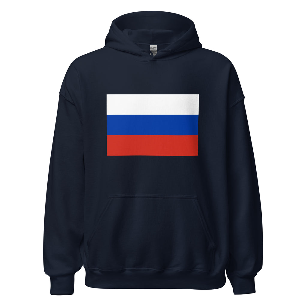 Unisex heather gray hoodie featuring Russian flag design printed across the front chest