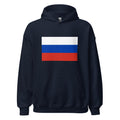 Unisex heather gray hoodie featuring Russian flag design printed across the front chest