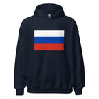 Unisex heather gray hoodie featuring Russian flag design printed across the front chest