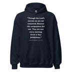 Unisex heather gray hoodie with Lamentations 3:22-23 Bible verse printed in white text on front