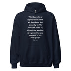 Unisex heather gray hoodie with Titus 3:5 Bible verse printed in white text on front
