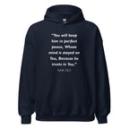 Unisex black hoodie with Isaiah 26:3 Bible verse printed in white text on front