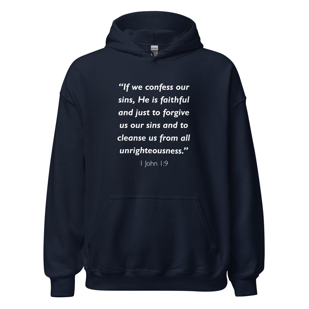Unisex black hoodie with 1 John 1:9 Bible verse printed in white text on front