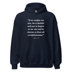 Unisex black hoodie with 1 John 1:9 Bible verse printed in white text on front