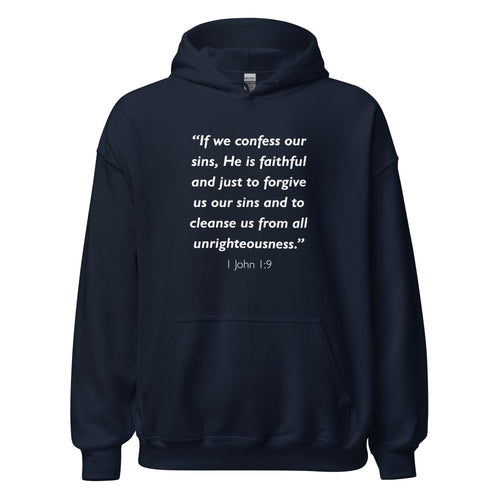 Unisex black hoodie with 1 John 1:9 Bible verse printed in white text on front