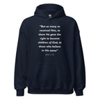 Unisex navy blue hoodie with John 1:12 Bible verse printed in white text on front