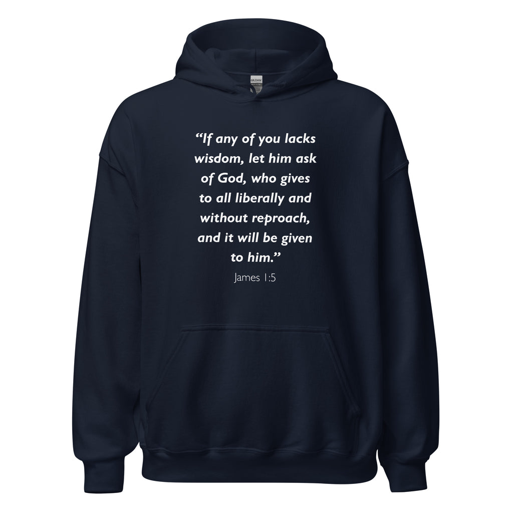 Unisex navy blue hoodie with James 1:5 Bible verse printed in white text on front