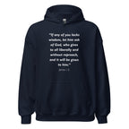 Unisex navy blue hoodie with James 1:5 Bible verse printed in white text on front