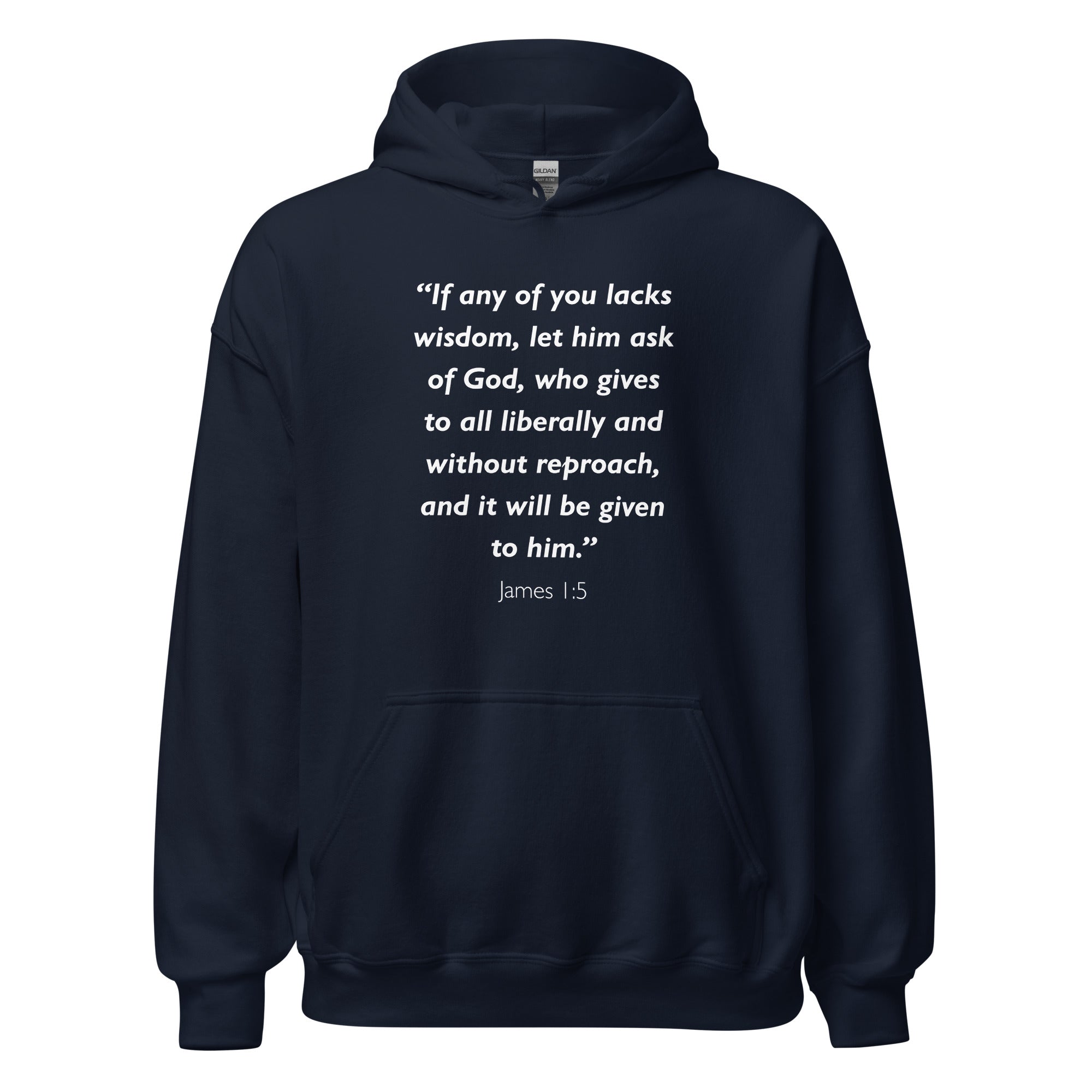 Unisex navy blue hoodie with James 1:5 Bible verse printed in white text on front
