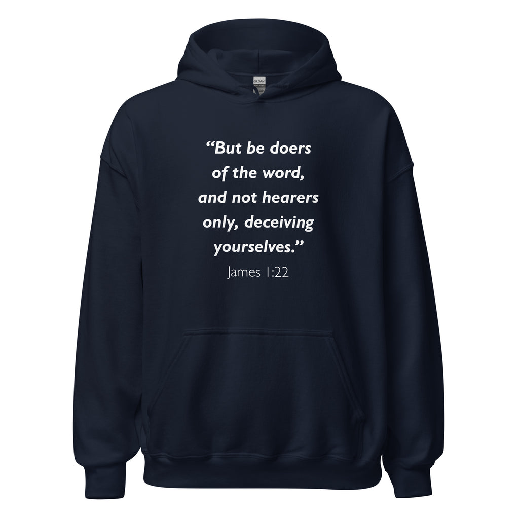 Unisex maroon hoodie with James 1:22 Bible verse printed in white text on front