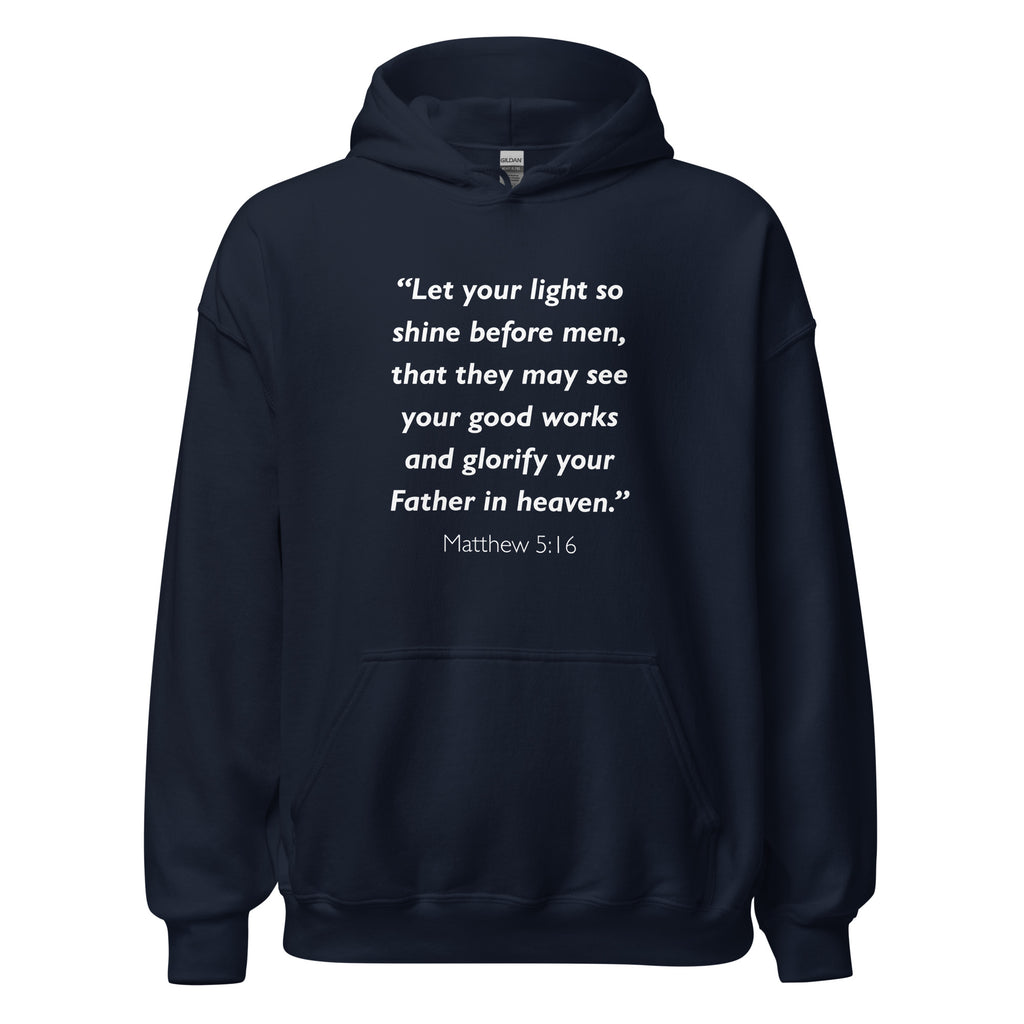 Unisex maroon hoodie with Matthew 5:16 Bible verse printed in white text on front