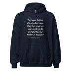 Unisex maroon hoodie with Matthew 5:16 Bible verse printed in white text on front