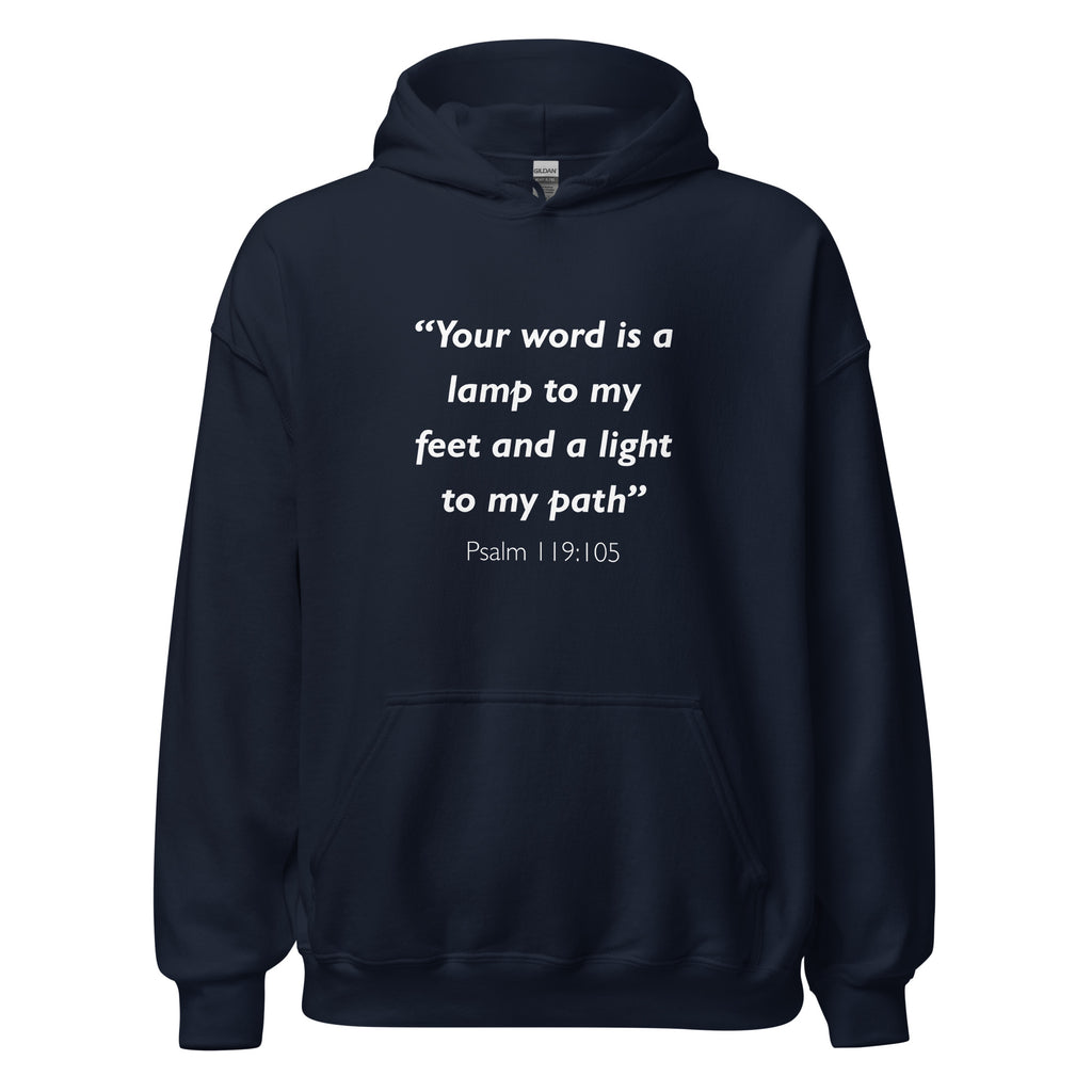 Unisex forest green hoodie with Psalm 119:105 Bible verse printed in white text on front