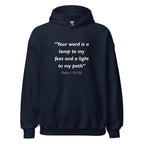 Unisex forest green hoodie with Psalm 119:105 Bible verse printed in white text on front