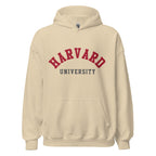 Unisex hoodie featuring Harvard University name and branding in crimson and white