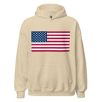 Unisex charcoal hoodie featuring American flag design printed across the front chest