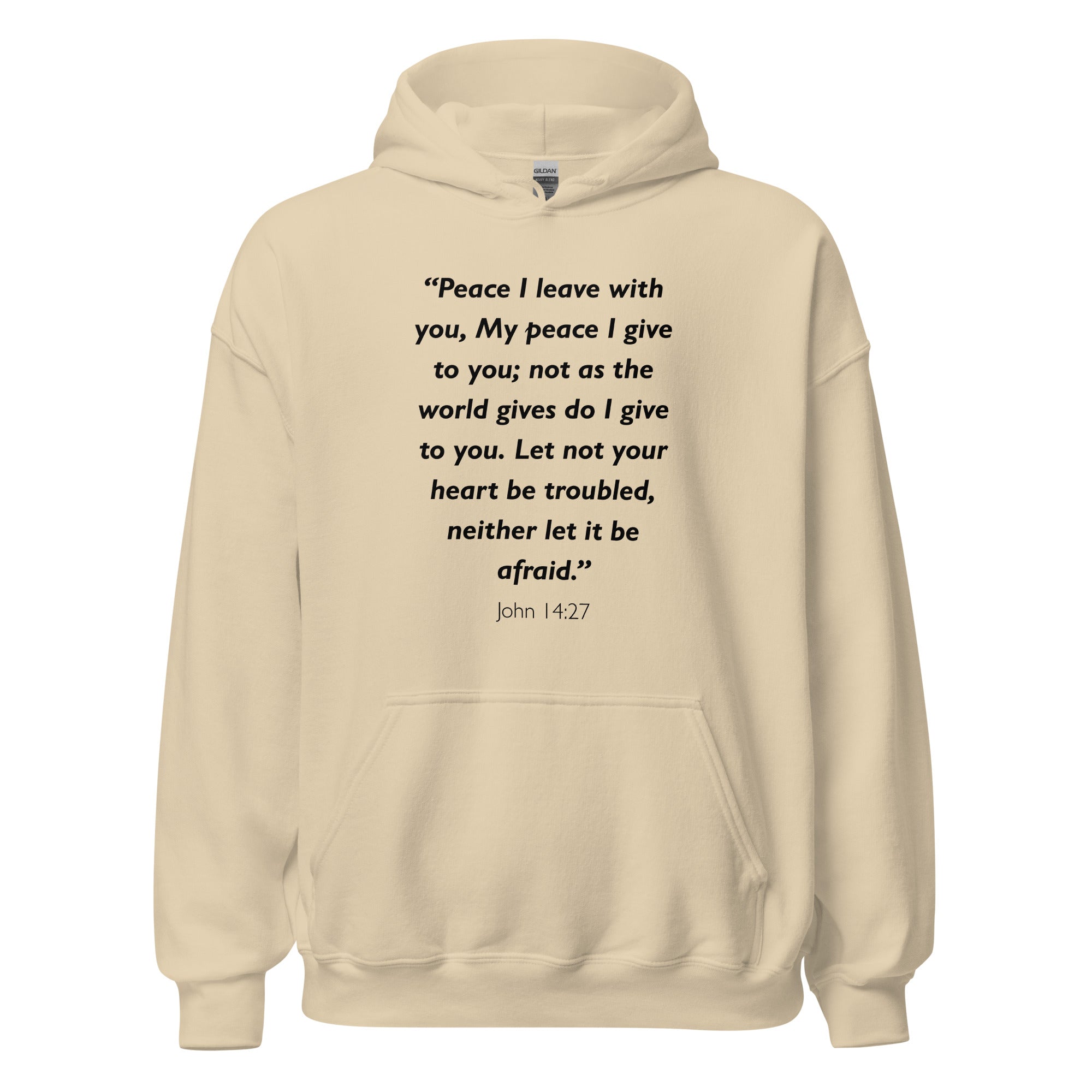 Unisex navy blue hoodie with John 14:27 Bible verse printed in black text on front