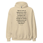 Unisex navy blue hoodie with Titus 3:5 Bible verse printed in black text on front