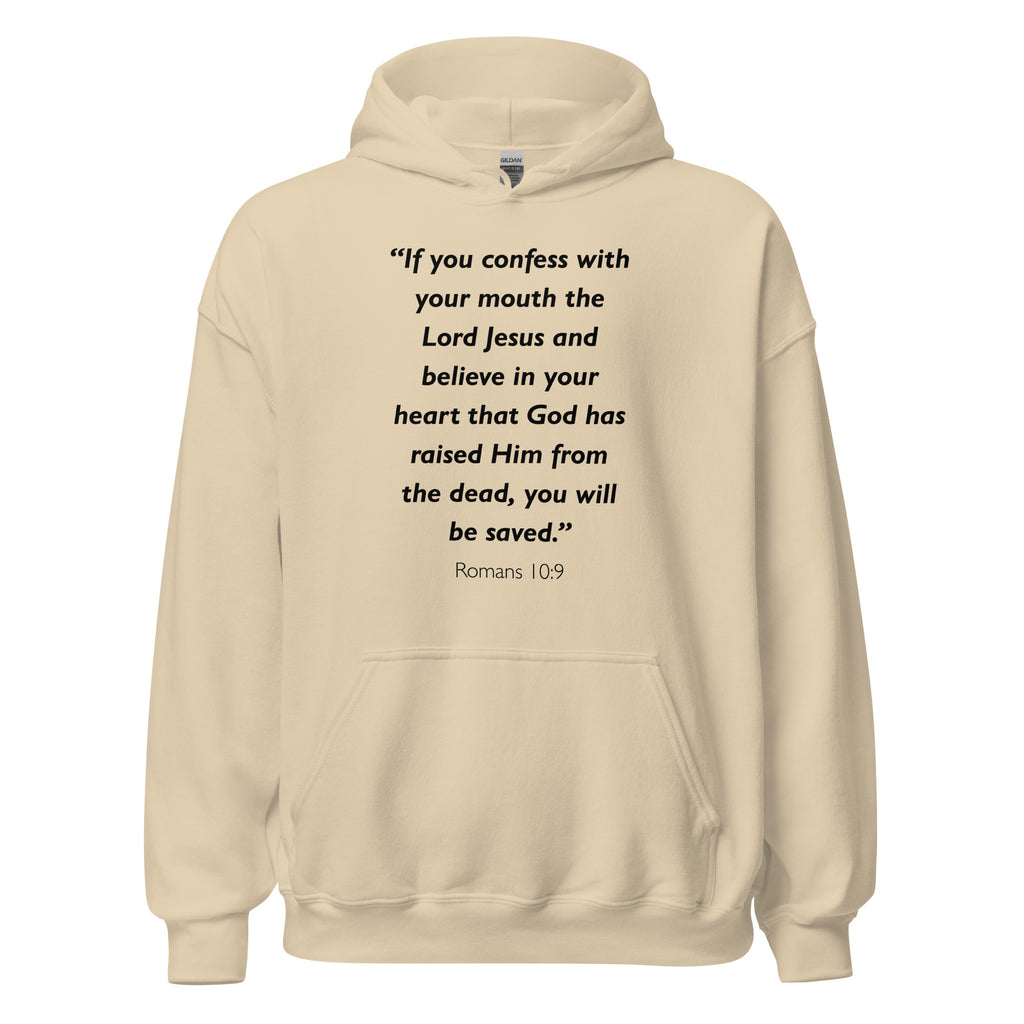 Unisex navy blue hoodie with Romans 10:9 Bible verse printed in black text on front