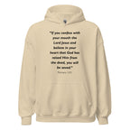 Unisex navy blue hoodie with Romans 10:9 Bible verse printed in black text on front