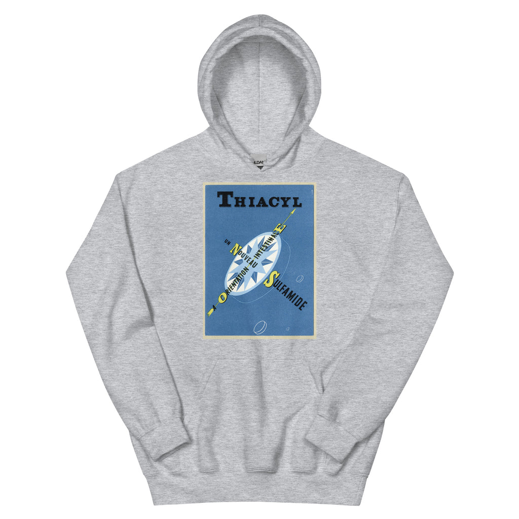 Unisex hoodie featuring a vintage Thyacil sulfamide pharmaceutical health advertising poster