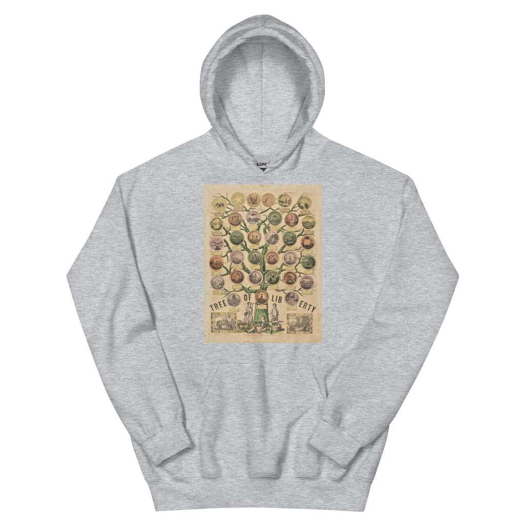 Unisex hoodie featuring a vintage Tree of Liberty patriotic political poster