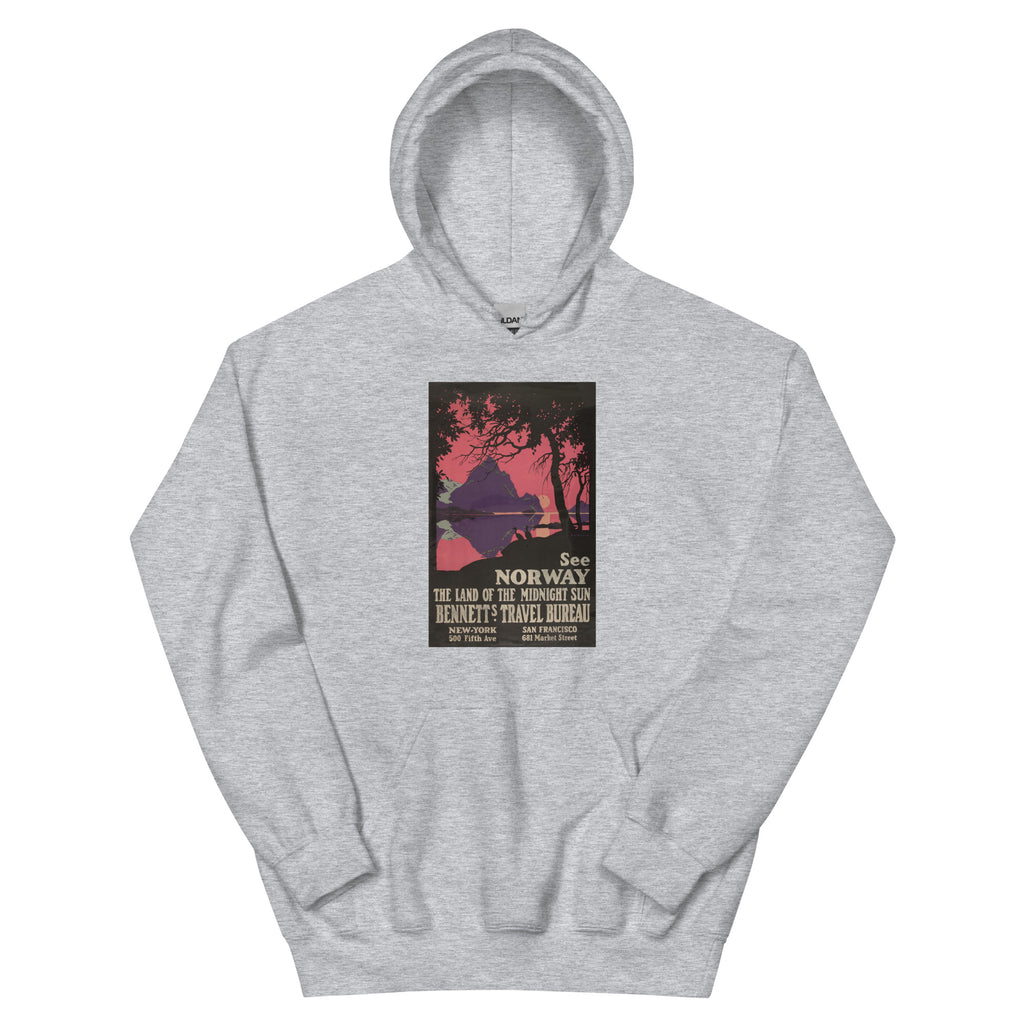Unisex hoodie featuring a vintage Norwegian fjords scenic travel poster