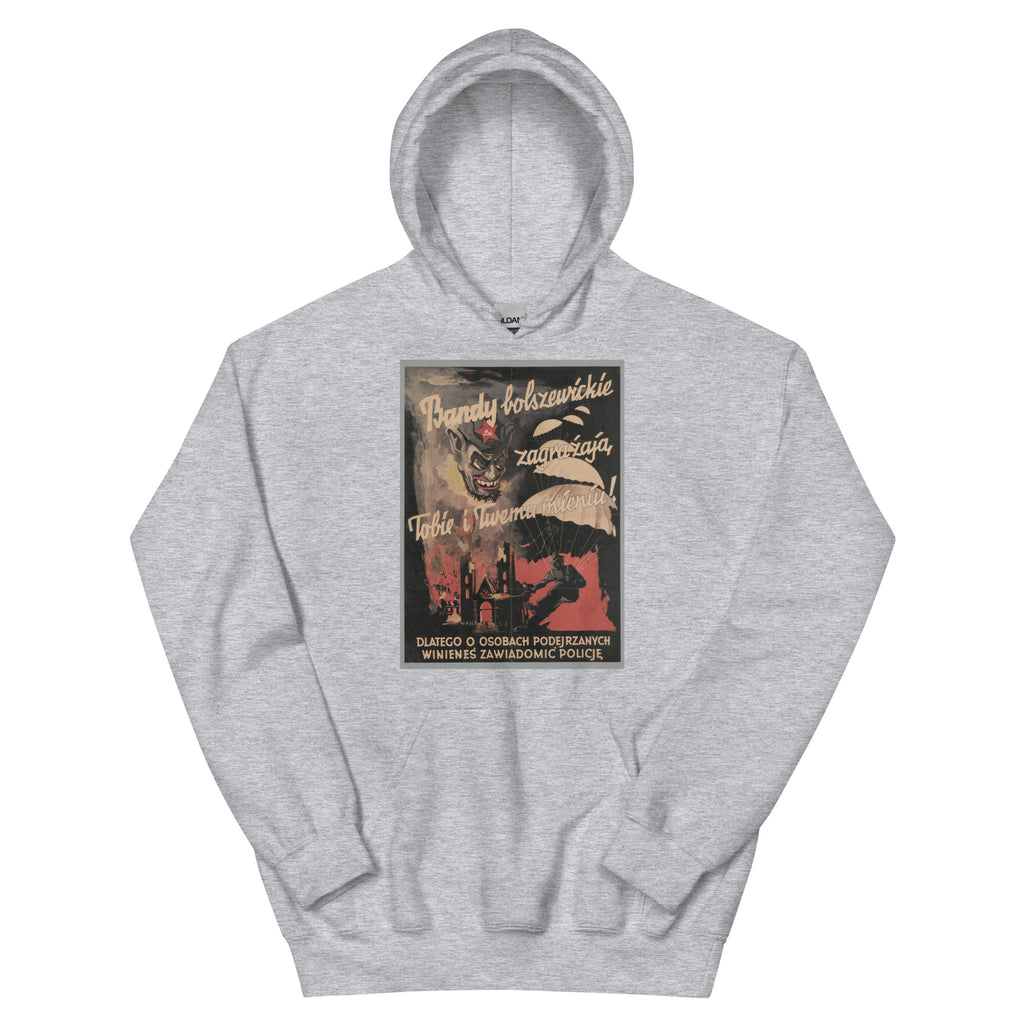 Unisex hoodie featuring a classic Polish anti-Bolshevik political propaganda poster