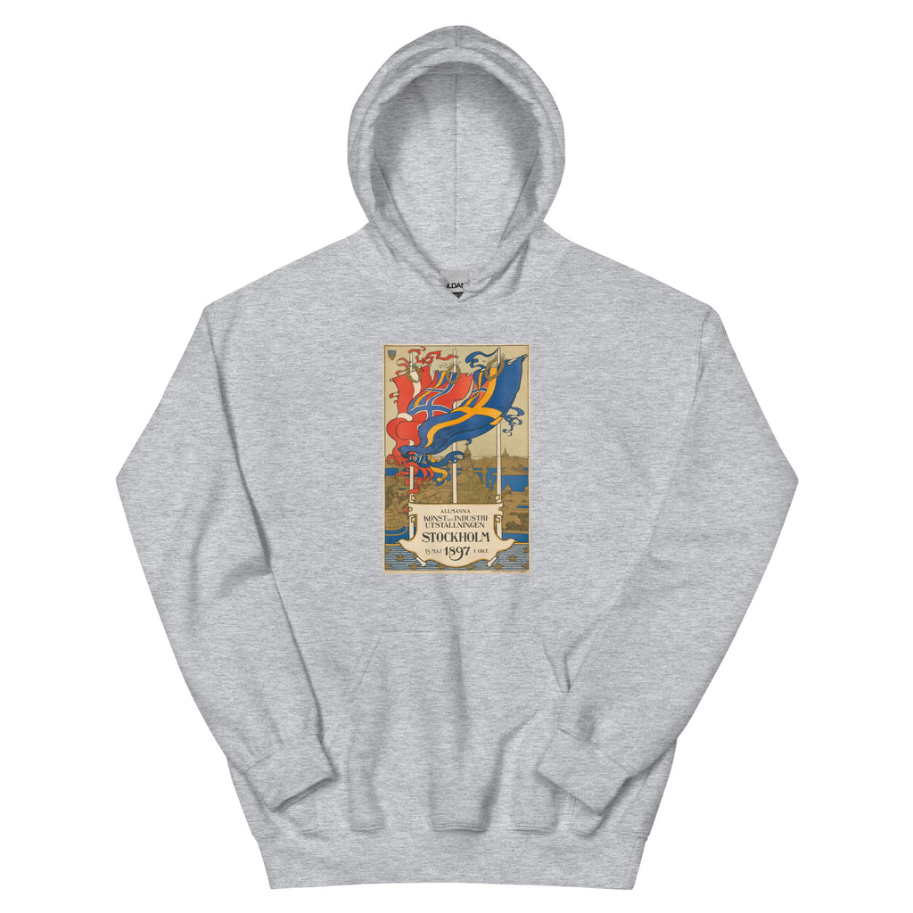 Unisex hoodie featuring a vintage 1897 Stockholm Sweden exhibition travel poster