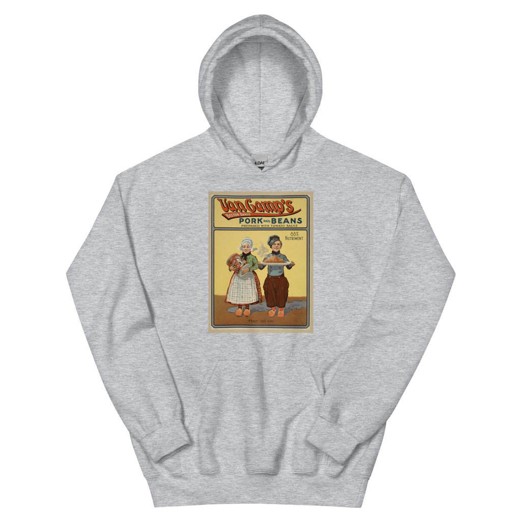 Unisex hoodie featuring a vintage Van Camp's Pork and Beans food advertising poster