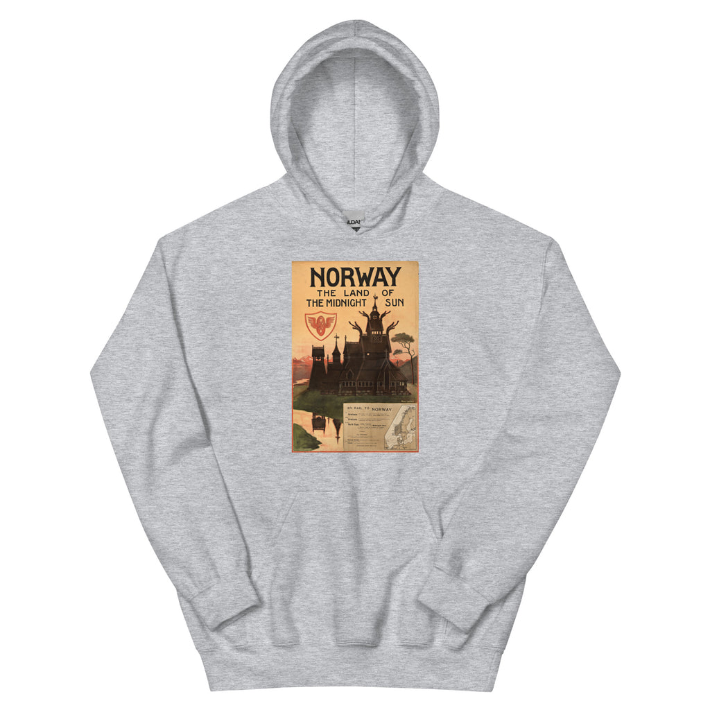 Unisex hoodie featuring a second vintage Norwegian scenic travel poster