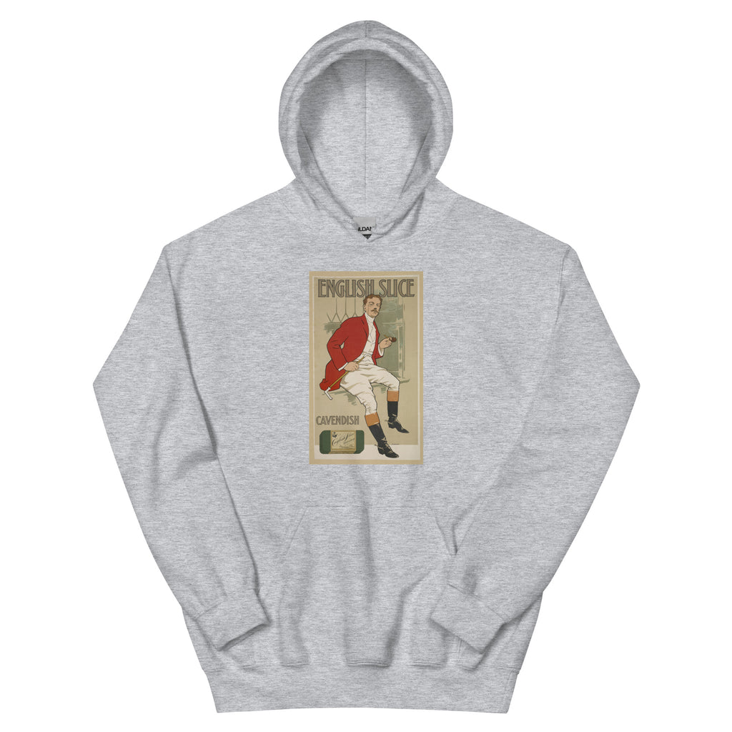 Unisex hoodie featuring a vintage English Slice tobacco classic advertising poster